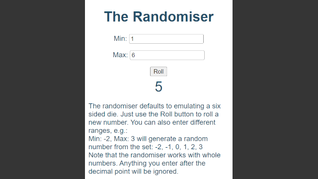 A screenshot of The Randomiser, a simple digital die.