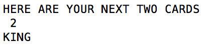 Output from the Acey Ducey BASIC program showing how the first two cards are displayed.