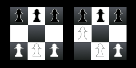 A diagram showing two Hexapawn boards illustrating the opening position and first move of the game.