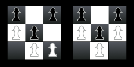 A diagram showing two Hexapawn boards illustrating blacks chosen move and white's response.