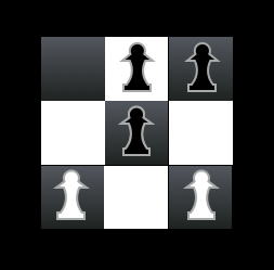 A diagram of a Hexapawn board showing a capture by moving a pawn diagonally.