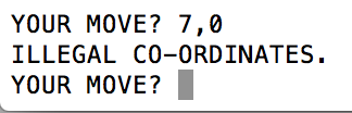 The output of the Hexapawn program, showing the message if illegal co-ordinates are entered by the player.