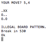 The output from the Hexapawn program, showing an illegal move being permitted and breaking the program.