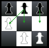 A diagram showing a Hexapawn board illustrating black's possible moves.