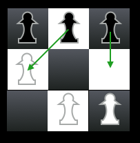 A diagram showing a Hexapawn board configuration with a losing move removed.