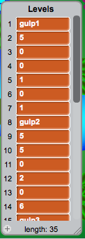 A list in Scratch, showing the level data for the first two levels of the game.