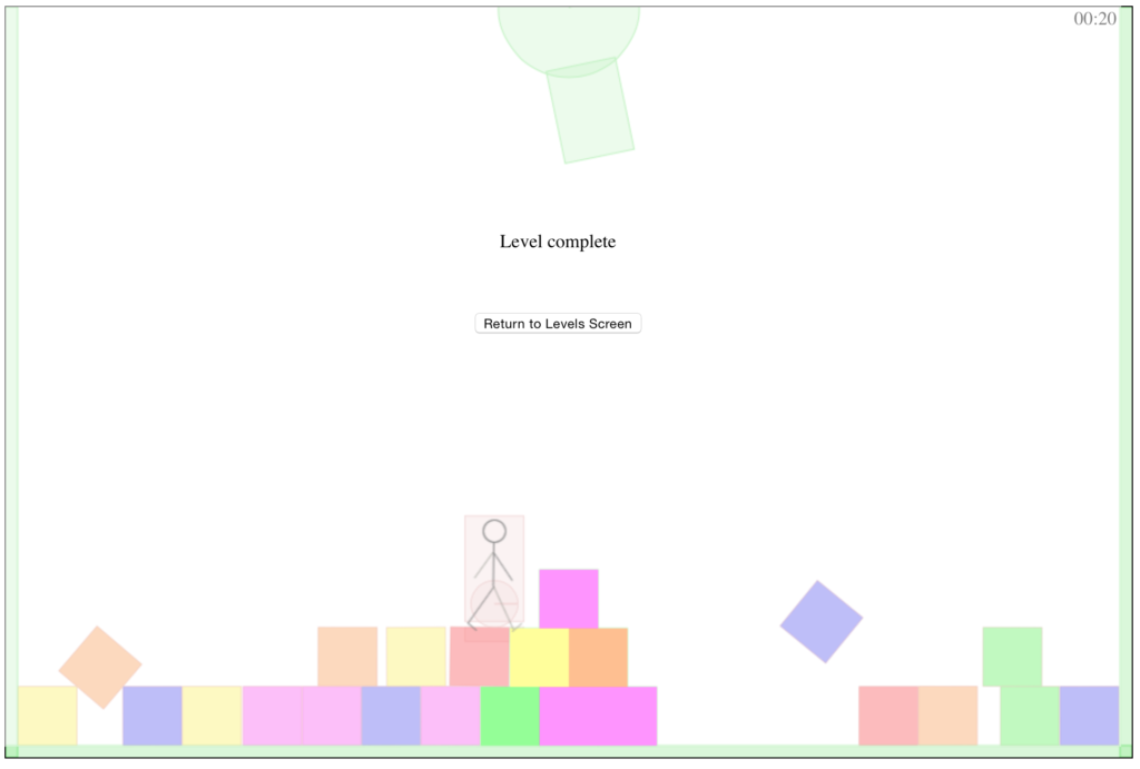 A screenshot from the second digital prototype showing that the level complete code now enables a return to the level selection screen.