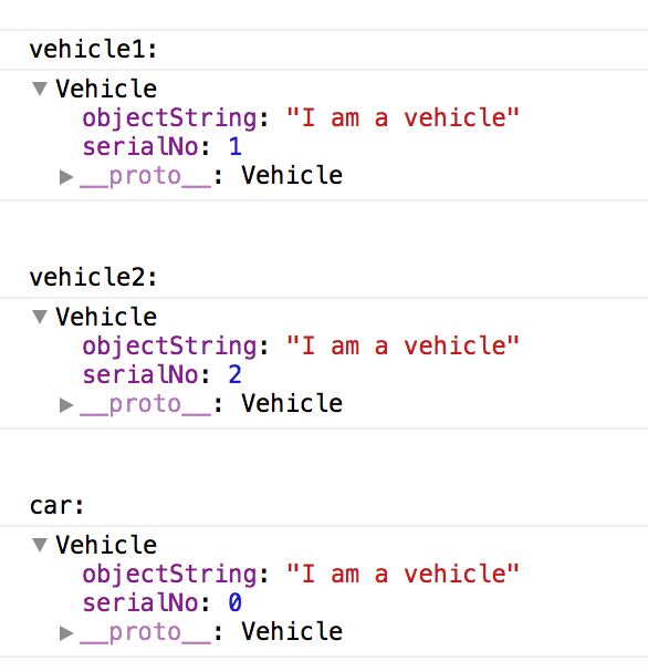 Console output showing that the Car constructor actually returns an object created by the Vehicle constructor.