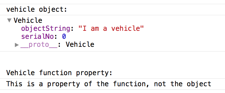 Console output showing that the funcprop property is a property of the constructor function and not of the object it creates.