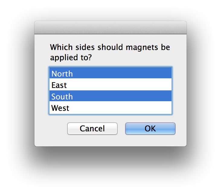 The second dialog box asking the user to select which sides to apply magnets to.