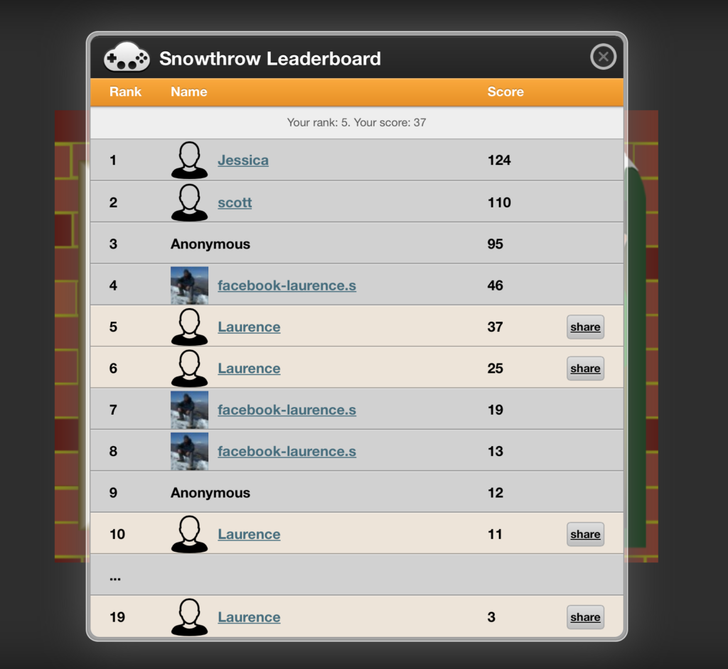 The clay.io leaderboard integrated with the Snowthrow game.