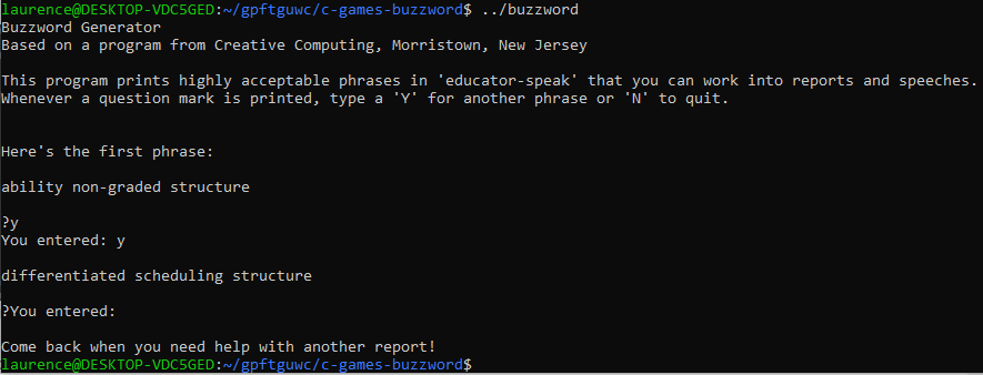 Output from the Buzzword program showing that entering a 'y' response is not working correctly.