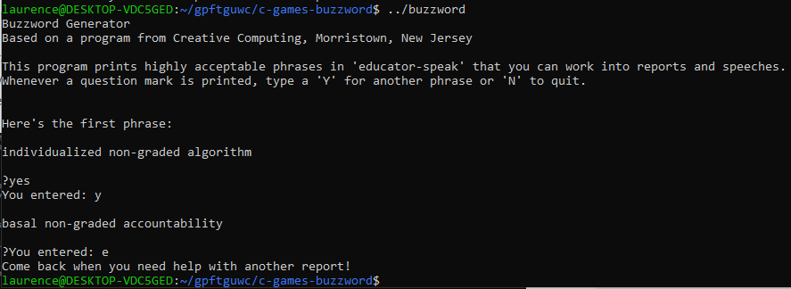 Output from the Buzzword program showing that entering "yes" instead of 'y' breaks the program.