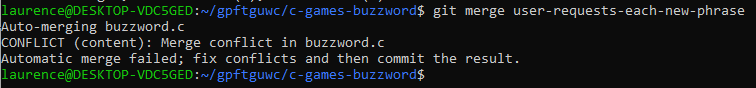 Output of git merge command showing that automatic merging failed.