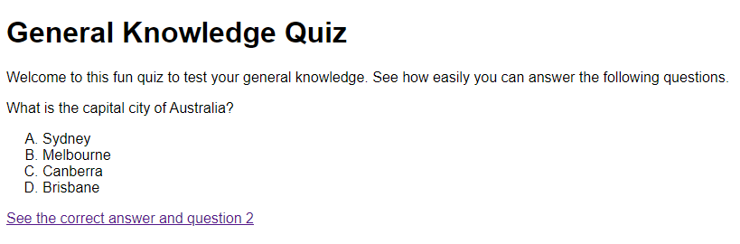 The first quiz page in displayed in a browser after linking a simple style sheet.