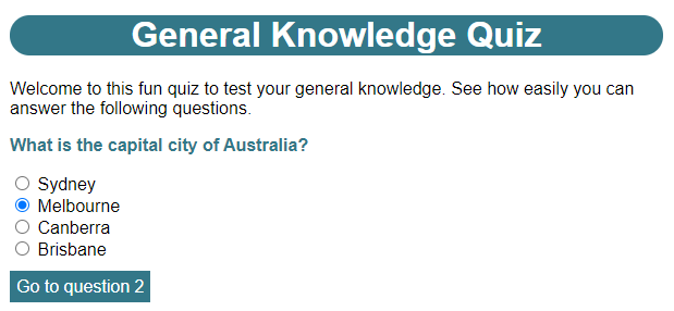 The index.html page with radio buttons for the answer options.