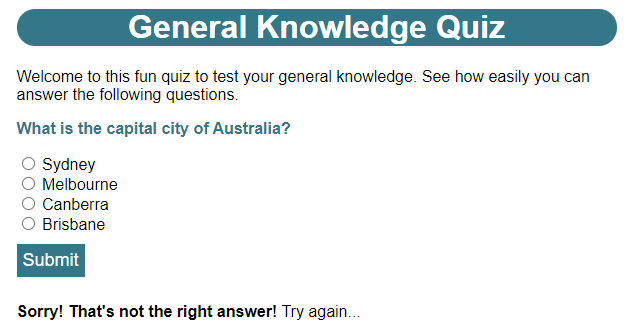 The question in a browser, showing the feedback given after selecting a wrong answer.