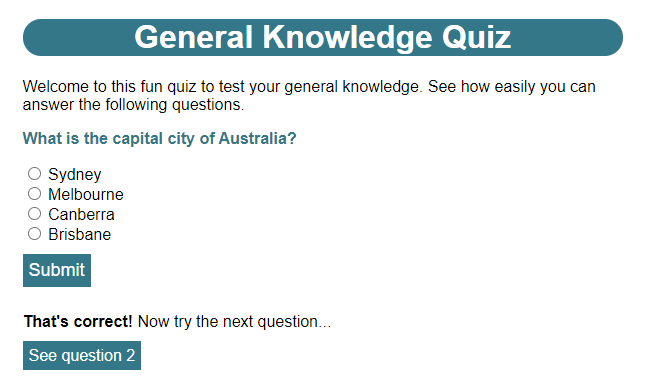 The question in a browser, showing how the correct feedback and link to the next question are displayed when the player answers correctly. 