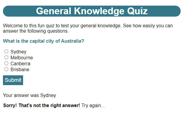 The updated quiz running in a browser, showing how the user is reminded of their answer.