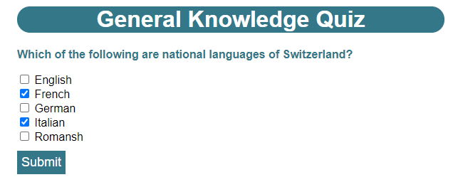 Question 2 in a browser showing that the checkbox type of input allows the user to select multiple answers.