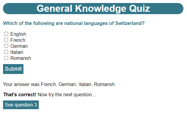 Question 2 in a browser showing that it reports all the selected answers.