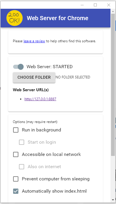 he Web Server for Chrome initial dialogue showing the CHOOSE FOLDER button.