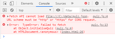 Chrome developer tools console showing the error caused by trying to open the page as a local file instead of via a web server.