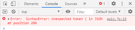 Google Chrome developer tools console showing an error caused by a badly formatted JSON file.