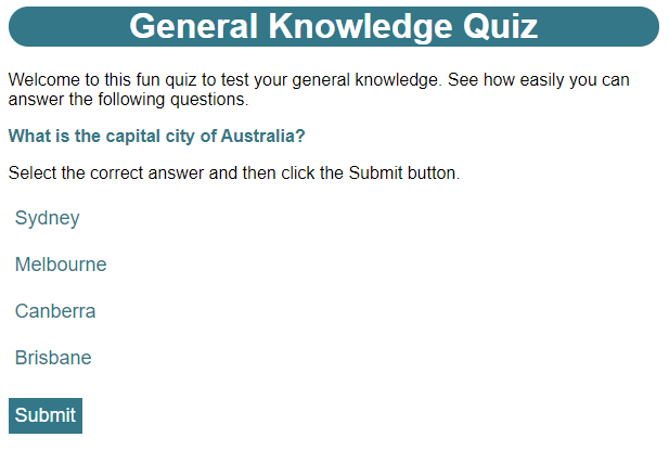 The question page, as it appears in a browser, after being populated with the question data.