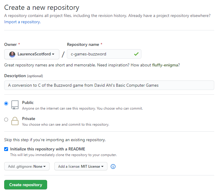 A portion of a screen for GitHub showing a completed form for a new repository.