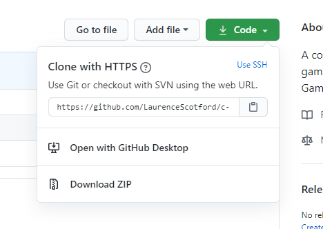 A portion of a screen in GitHub showing the Code button and the pop-up it activates for getting the files in the repository.