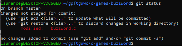 Output of the git status command showing that the buzzword.c file has been modified.