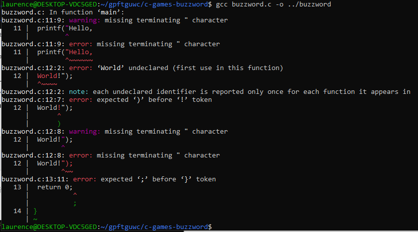 Output showing compiler errors caused by a line break within quotes.