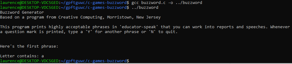 Buzzword output showing the value of char variable letter displayed as 'a'.