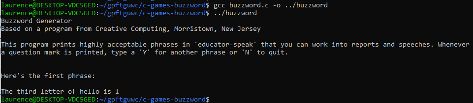 Buzzword output displaying a string and one of its characters.