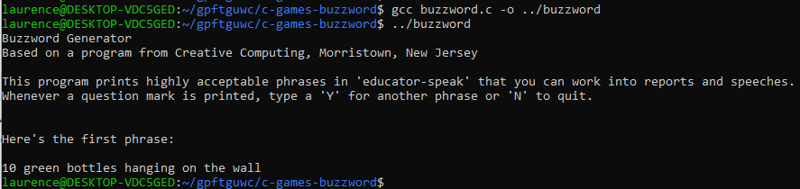 Output of the buzzword program after completing the 10 green bottles exercise.