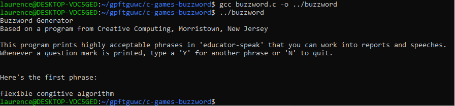 Output from the buzzword program after completing the challenge.