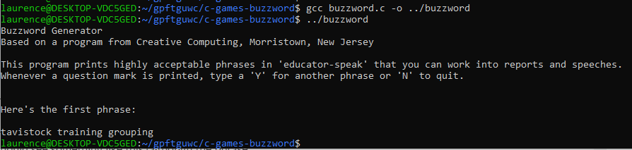 Output from the buzzword program showing a randomly generated phrase.