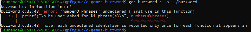 A compiler error reporting that numberOfPhrases has not been declared.