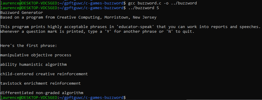 The output of the Buzzword program showing that the number of phrases requested in the command line is now displayed.