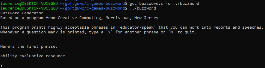 The initial output from the Buzzword program showing it is waiting for input from the user.