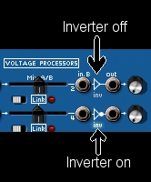 Part of the ARP2600V's front panel showing the inverter symbols that are clicked to toggle them between on and off.