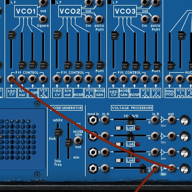 Part of the ARP2600V's front panel showing a patch cable running from the inverter output jack to the KBD CV jack on VCO1, with the slider pushed to the top.