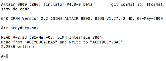 Output showing how a file is added to the virtual disk image on the Altair Z80 simulator.