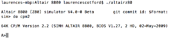 The output when starting CP/M on the Altair Z80 simulator.