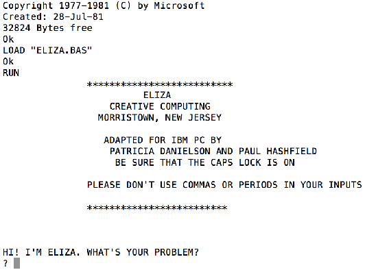 The output when starting the Eliza BASIC program on the Altair Z80 simulator.