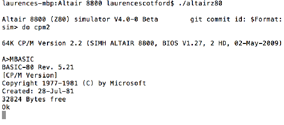 The output when starting Microsoft BASIC on the Altair Z80 simulator.