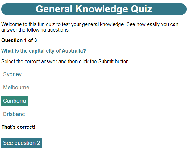 A question displayed in a browser showing the state after answering correctly.