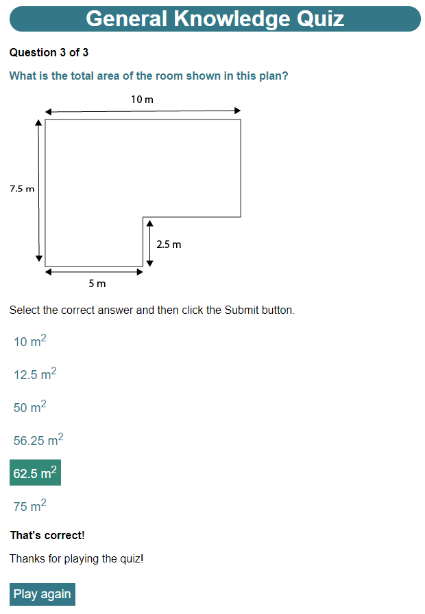 The final question displayed in a browser showing the state after answering correctly.