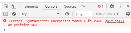 An error message shown in the console, caused by a missing comma in the JSON file